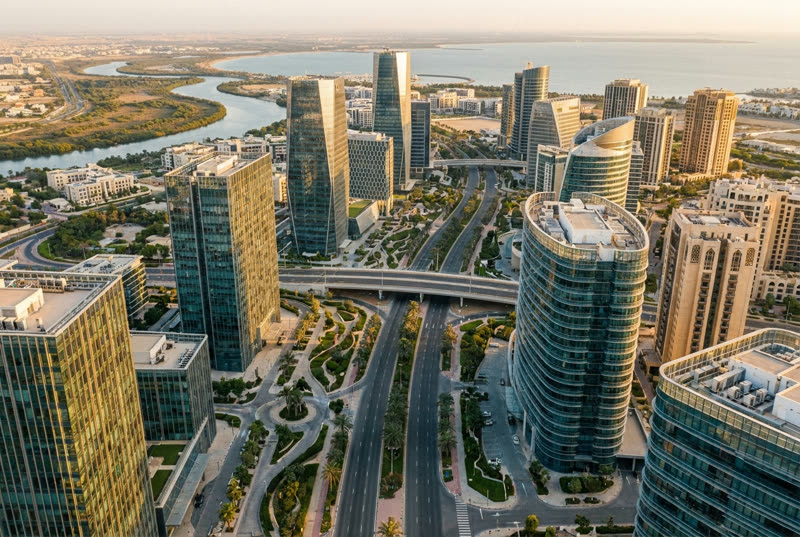 Aerial view of a modern business district