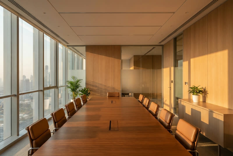 Modern boardroom overlooking a city skyline